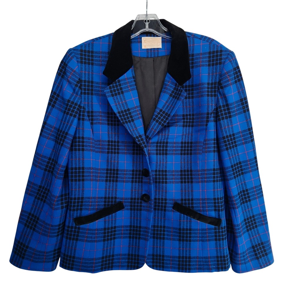 Pendleton Size 12 Blue Plaid Wool Blazer Velvet Collar Vintage Preppy Academia